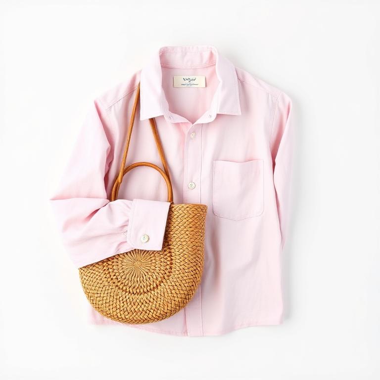 Camisa de linho dobrada com bolsa de palha